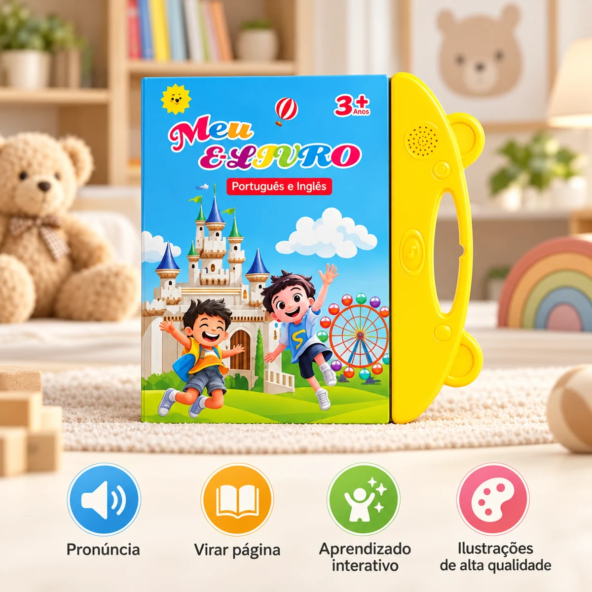 Livro Interativo Português e Inglês com módulo sonoro amarelo