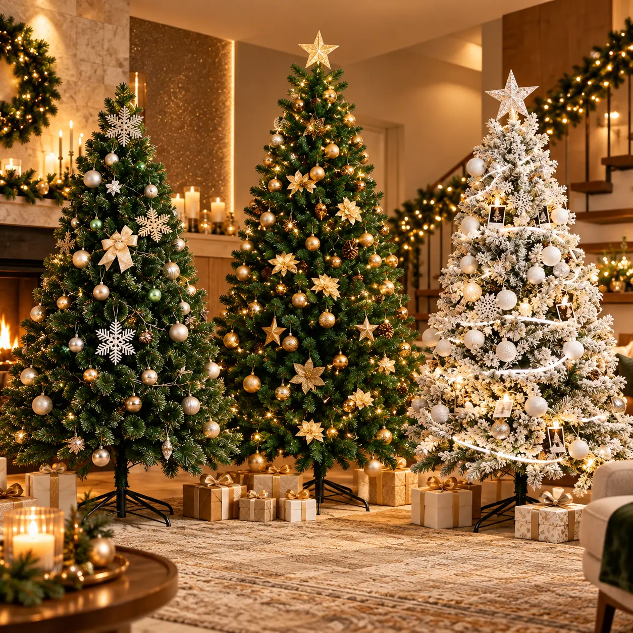 Pinheiros de Natal em diferentes estilos de decoração
