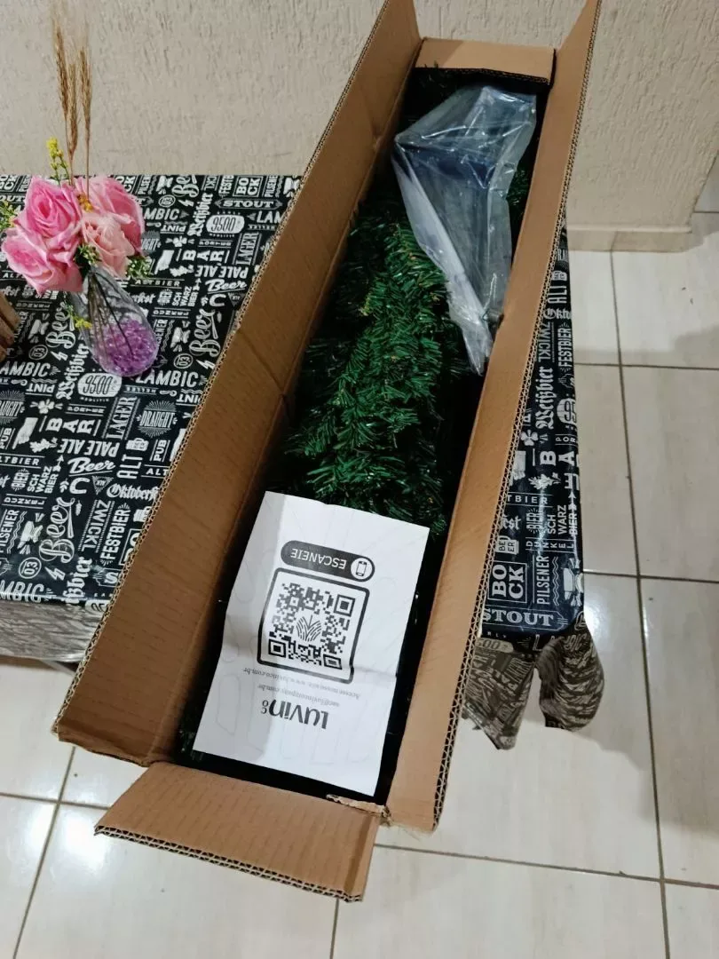 Galhos, base e manual da árvore dentro da caixa aberta