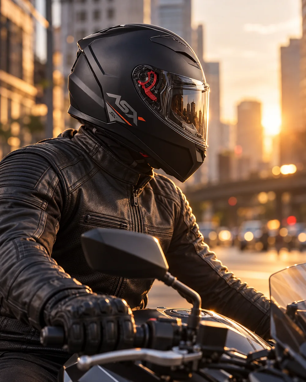 Motociclista com capacete ASX em cenário urbano