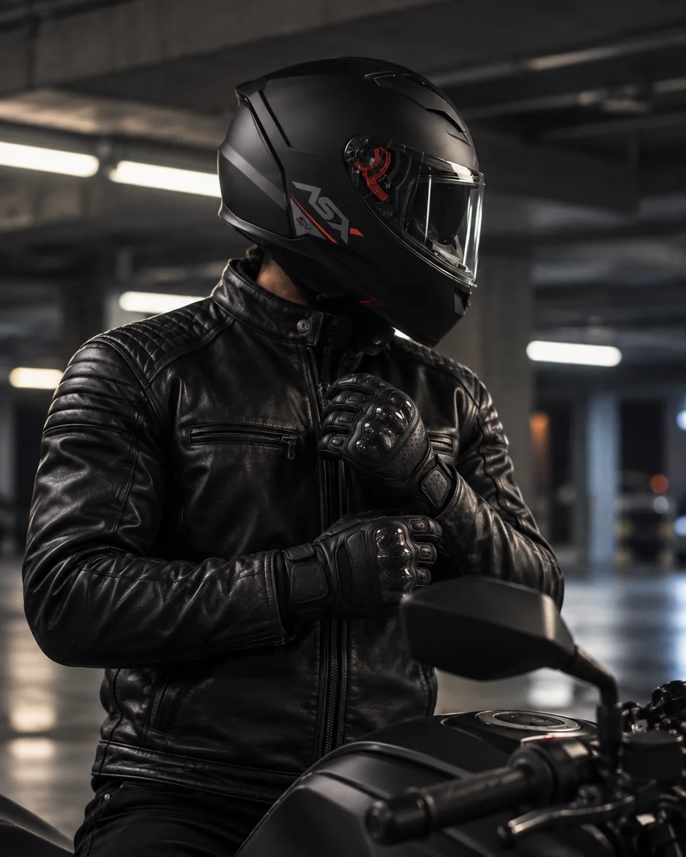 Motociclista ajustando o capacete antes de sair