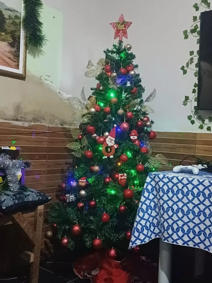 Árvore decorada com bolas vermelhas e luzes coloridas