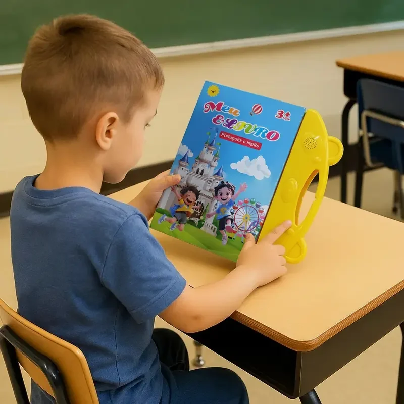 Criança segurando o livro pela alça lateral