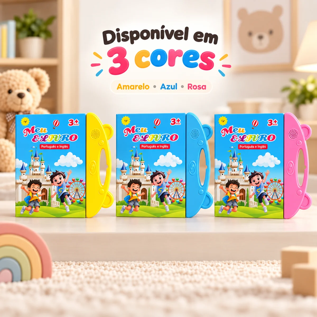 Livro Interativo nas cores amarelo, azul e rosa