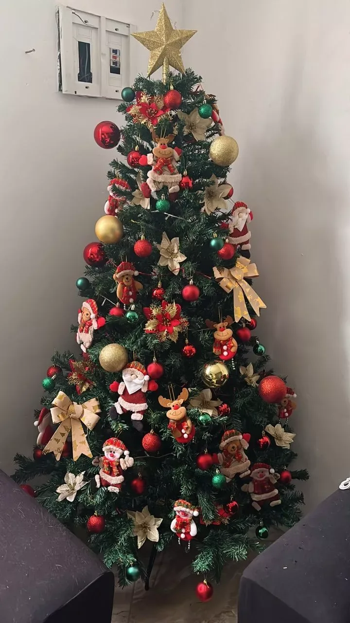 Árvore com enfeites vermelhos e dourados em uma sala