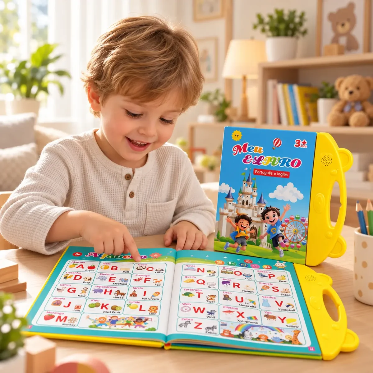 Criança explorando as imagens do livro bilíngue